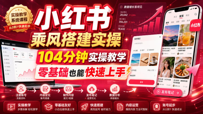 小红书乘风搭建实操，104分钟实操教学，零基础也能快速上手-淘金社:轻创终点站