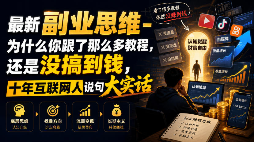 最新副业思维-为什么你跟了那么多教程，还是没搞到钱，十年互联网人说句大实话【揭秘】-淘金社:轻创终点站