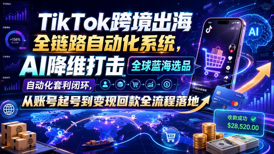 TikTok跨境出海全链路自动化系统，AI降维打击全球蓝海选品自动化套利闭环，从账号起号到变现回款全流程落地(2026年7月)-淘金社:轻创终点站