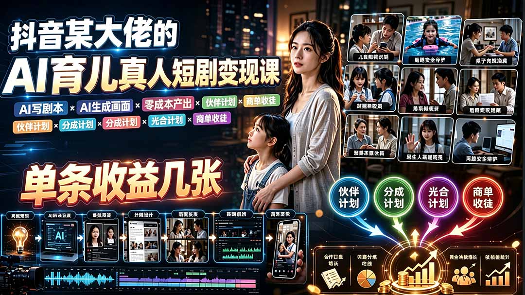 AI育儿真人短剧变现课：AI写剧本×AI生成画面×零成本产出×伙伴计划×分成计划×光合计划×商单收徒-淘金社:轻创终点站