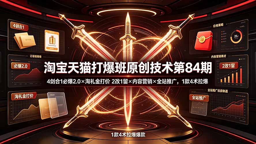 淘宝天猫打爆班原创技术第84期：4剑合1必爆2.0×淘礼金打价×2改1留×内容营销×全站推广，1款4术拉爆-淘金社:轻创终点站