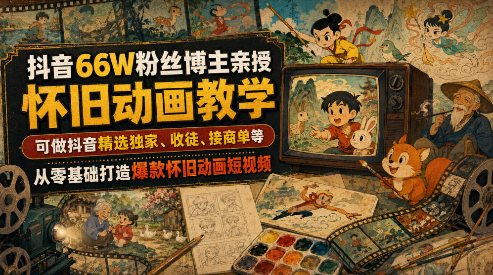 抖音66W粉丝博主亲授怀旧动画教学，可做抖音精选独家、收徒、接商单等，从零基础打造爆款怀旧动画短视频-淘金社:轻创终点站