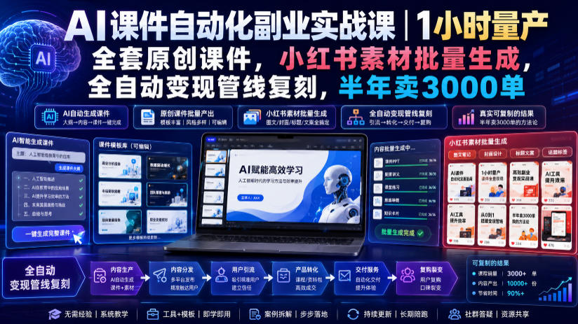 AI课件自动化副业实战课｜1小时量产全套原创课件，小红书素材批量生成，全自动变现管线复刻，半年卖3000单-淘金社:轻创终点站