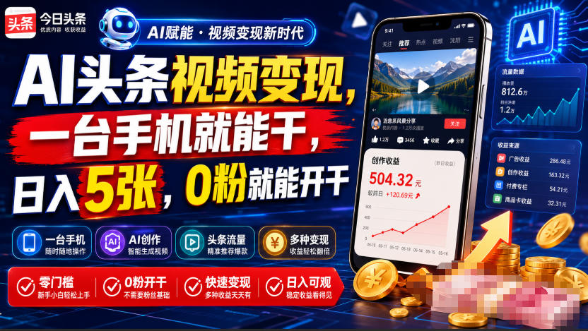 AI头条视频变现，一台手机就能干，日入5张，0粉就能开干-淘金社:轻创终点站