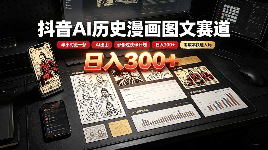 抖音AI历史漫画图文赛道：半小时更一条×AI出图×邪修过伙伴计划×日入300+，零成本快速入局-淘金社:轻创终点站
