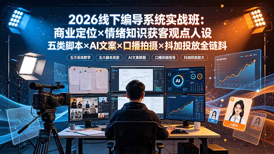 2026线下编导系统实战班：商业定位×情绪知识获客观点人设五类脚本×AI文案×口播拍摄×抖加投放全链路-淘金社:轻创终点站
