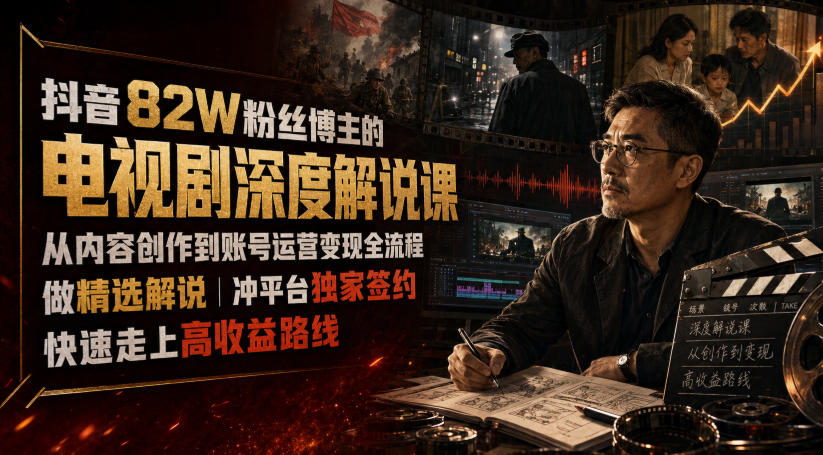 抖音82W粉丝博主的电视剧深度解说课，从内容创作到账号运营变现全流程，做精选解说，冲平台独家签约，快速走上高收益路线-淘金社:轻创终点站