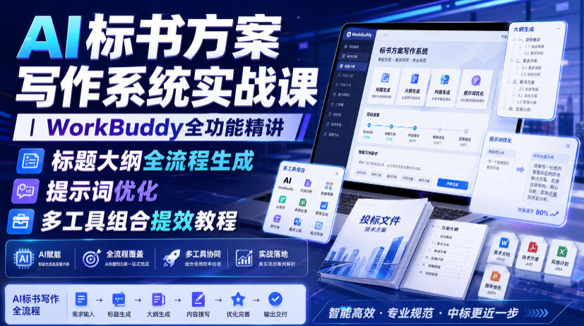 AI标书方案写作系统实战课｜WorkBuddy全功能精讲・标题大纲全流程生成・提示词优化・多工具组合提效教程-淘金社:轻创终点站
