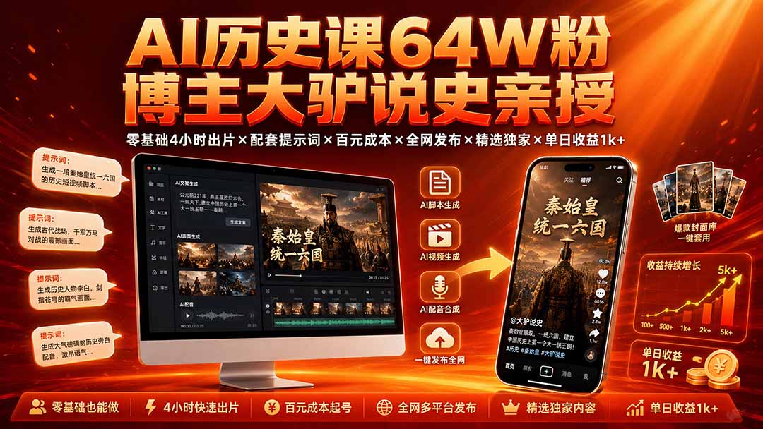 AI历史课64W粉博主大驴说史亲授:零基础4小时出片×配套提示词×百元成本×全网发布×精选独家×单日收益1k+-淘金社:轻创终点站