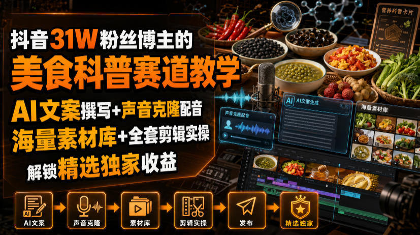 抖音31W粉丝博主的美食科普赛道教学,AI文案撰写+声音克隆配音+剪辑实操,解锁精选独家收益-淘金社:轻创终点站