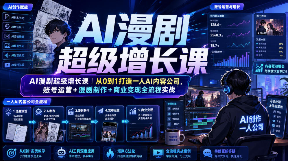 AI漫剧超级增长课｜从0到1打造一人AI内容公司，账号运营+漫剧制作+商业变现全流程实战-淘金社:轻创终点站