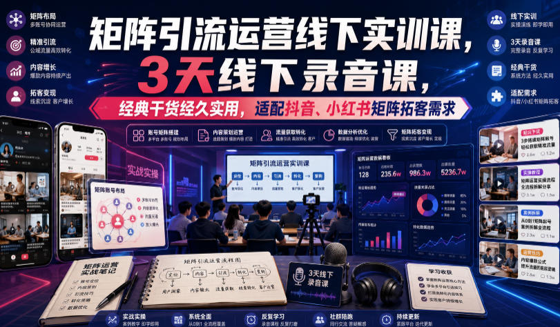 嗨推矩阵引流运营线下实训课，3天线下录音课，经典干货经久实用，适配抖音、小红书矩阵拓客需求-淘金社:轻创终点站