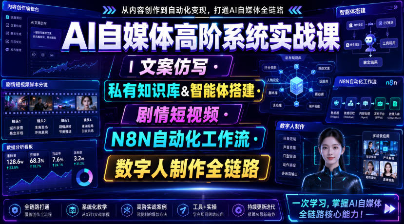 AI自媒体高阶系统实战课|文案仿写・私有知识库&智能体搭建・剧情短视频・N8N自动化工作流・数字人制作全链路-淘金社:轻创终点站