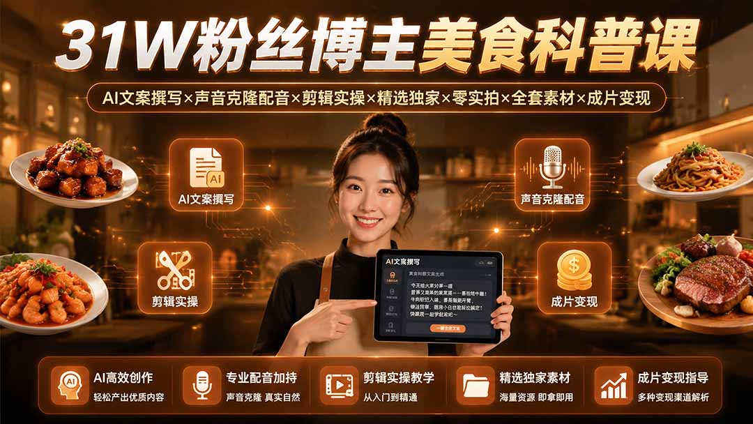31W粉丝博主美食科普课:AI文案撰写×声音克隆配音×剪辑实操×精选独家×零实拍×全套素材×成片变现-淘金社:轻创终点站