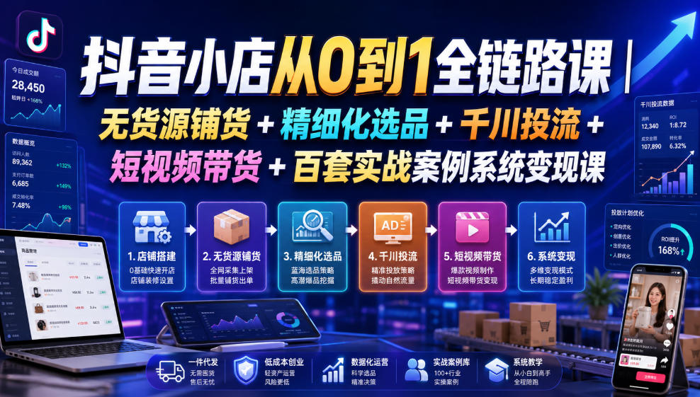 抖音小店从0到1全链路课｜无货源铺货+精细化选品+千川投流+短视频带货+百套实战案例系统变现课(2026年7月更新)-淘金社:轻创终点站