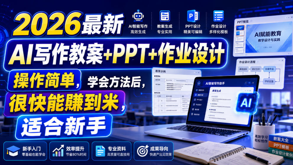 2026最新AI写作教案+PPT+作业设计,操作简单,学会方法后,很快能賺到米,适合新手-淘金社:轻创终点站