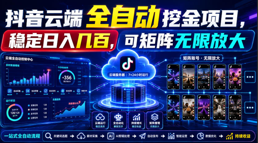 Dy云端全自动挖金项目,稳定日入几百,可矩阵无限放大!【揭秘】-淘金社:轻创终点站