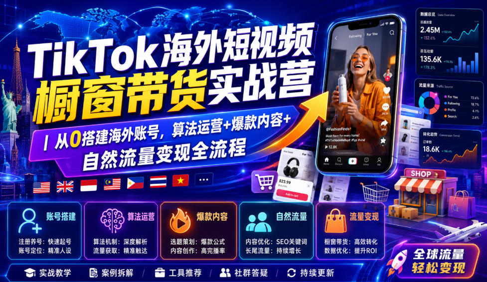 TikTok海外短视频橱窗带货实战营|从0搭建海外账号,算法运营+爆款内容+自然流量变现全流程-淘金社:轻创终点站