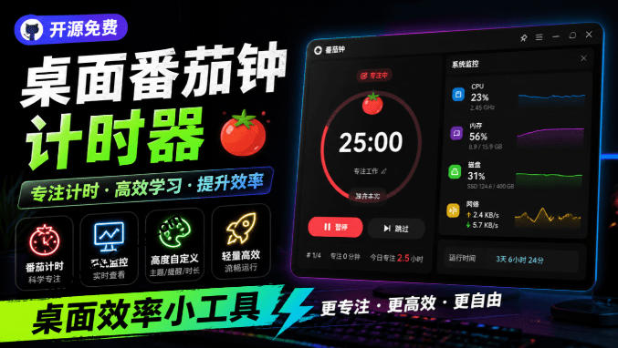 仅1.16MB,开源极简的桌面时钟、番茄钟计时器,还支持系统监控显示,桌面效率小工具Catime-淘金社:轻创终点站