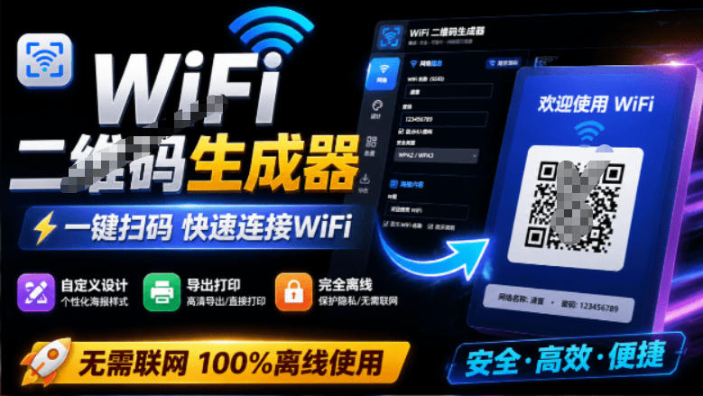 完全离线使用!WiFi二维码生成器,一键扫码快速连接WiFi,支持自定义风格导出WiFi二维码生成器-淘金社:轻创终点站