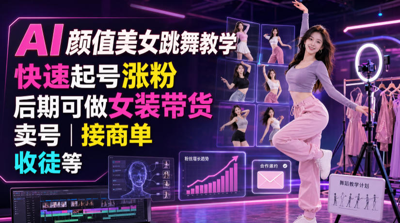 AI颜值美女跳舞教学,快速起号涨粉,后期可做女装带货,卖号,接商单,收徒等-淘金社:轻创终点站