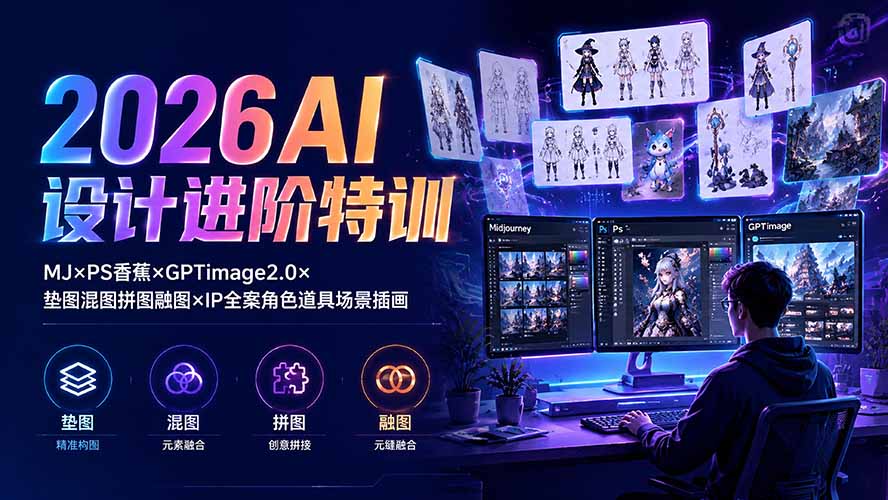 2026AI设计进阶特训:MJ×PS香蕉×GPTimage2.0×垫图混图拼图融图×IP全案角色道具场景插画-淘金社:轻创终点站