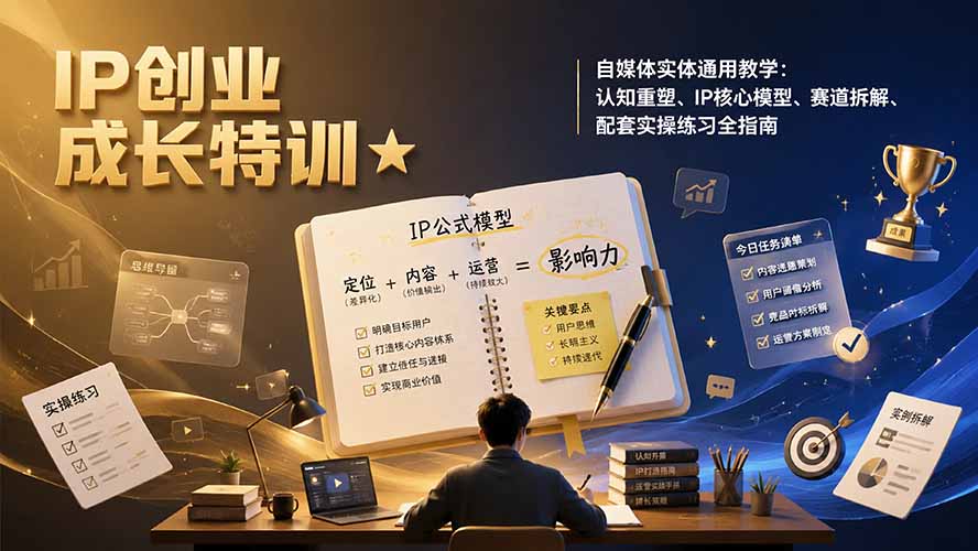 IP创业成长特训★自媒体实体通用教学:认知重塑、IP核心模型、赛道拆解、配套实操练习全指南-淘金社:轻创终点站