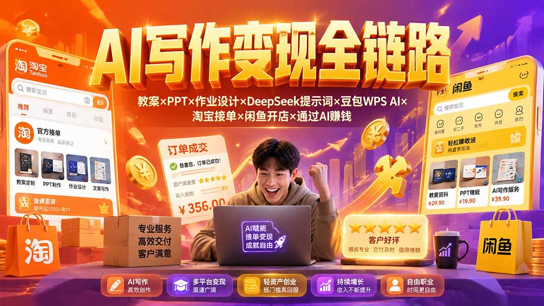 2026AI写作变现全链路:教案×PPT×作业设计×DeepSeek提示词×豆包WPS AI×淘宝接单×闲鱼开店×通过AI賺钱-淘金社:轻创终点站