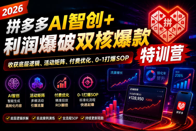 2026拼多多AI智创+利润爆破双核爆款特训营,收获底层逻辑、活动矩阵、付费优化、0-1打爆SOP(更新0727)-淘金社:轻创终点站