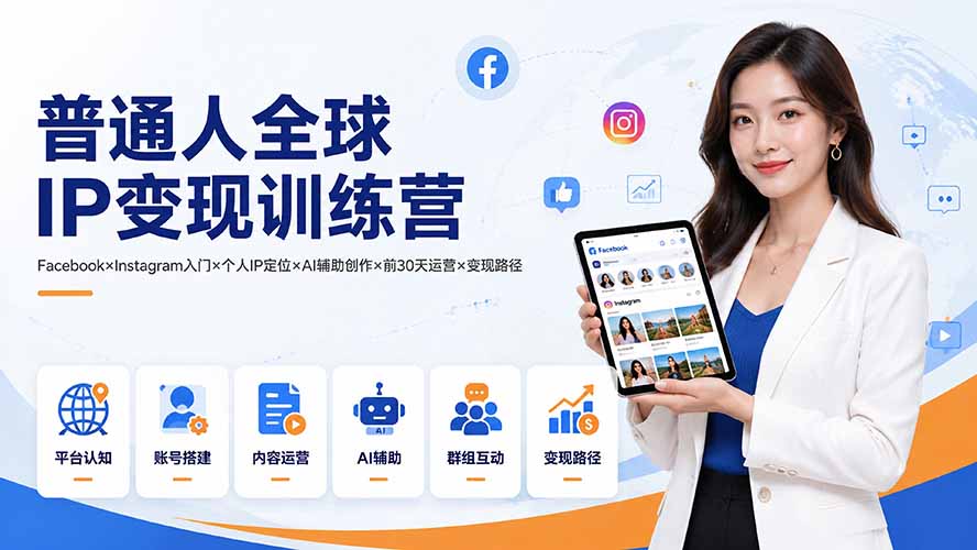 普通人全球IP变现训练营:Facebook×Instagram入门×个人IP定位×AI辅助创作×前30天运营×变现路径-淘金社:轻创终点站