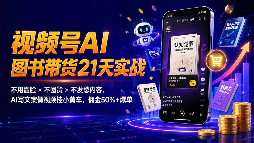 繁花视频号AI图书带货21天实战:不用露脸×不囤货×不发愁内容,AI写文案做视频挂小黄车,佣金50%+爆单-淘金社:轻创终点站