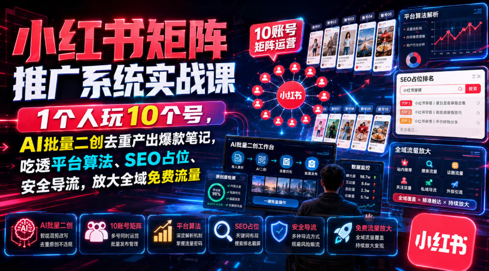 小红书矩阵推广系统实战课|1个人玩10个号,AI批量二创去重产出爆款笔记,吃透平台算法、SEO占位、安全导流,放大全域免费流量-淘金社:轻创终点站