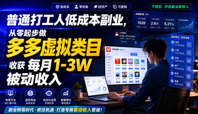 普通打工人低成本副业,从零起步做多多虚拟类目,收获每月1-3W被动收入【揭秘】-淘金社:轻创终点站