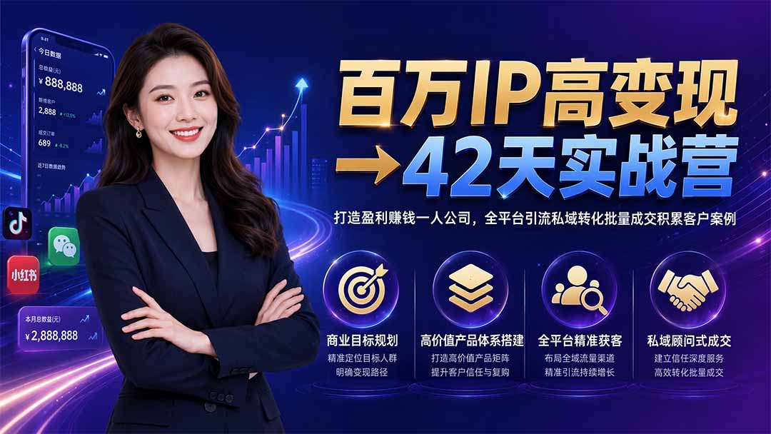 百万IP高变现→42天实战营|打造盈利赚钱一人公司,全平台引流私域转化批量成交积累客户案例-淘金社:轻创终点站