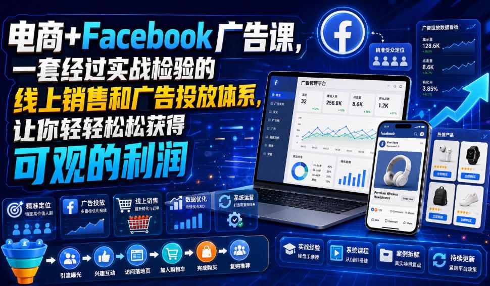 电商+Facebook广告课,一套经过实战检验的线上销售和广告投放体系,让你轻轻松松获得可观的利润【原创双语字幕】-淘金社:轻创终点站