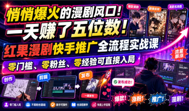 悄悄爆火的漫剧风口!一天賺了五位数!红果漫剧快手推广全流程实战课,零门槛、零粉丝、零经验可直接入局-淘金社:轻创终点站
