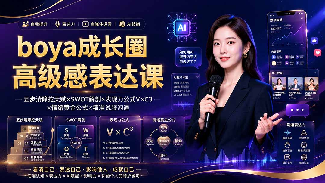 boya成长圈|内心成长高级表达AI自媒体三合一,消解内耗挖掘天赋,镜头沟通AI指令短视频全流程教学-淘金社:轻创终点站