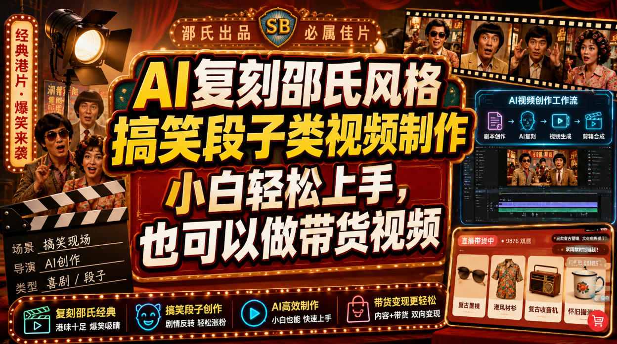 AI复刻邵氏风格搞笑段子类视频制作,小白轻松上手,也可以做带货视频-淘金社:轻创终点站
