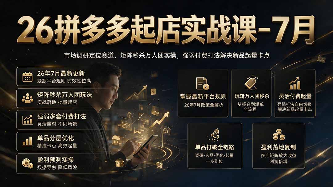 26拼多多起店实战课-7月|市场调研定位赛道,矩阵秒杀万人团实操,强弱付费打法解决新品起量卡点-淘金社:轻创终点站