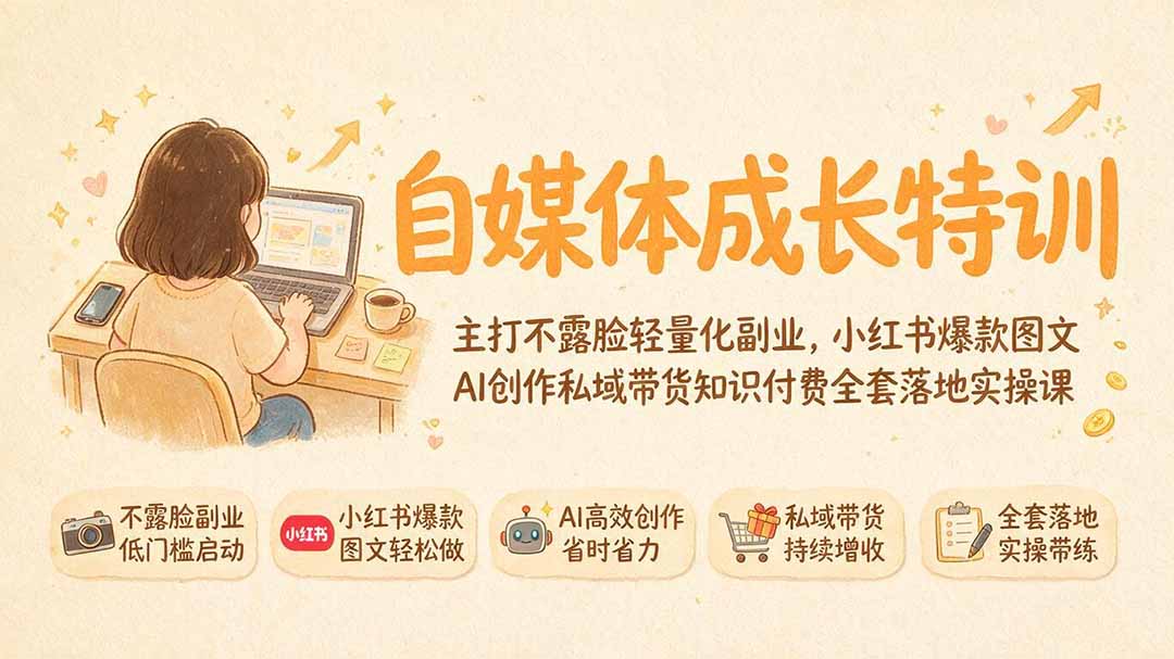 自媒体成长特训|主打不露脸轻量化副业,小红书爆款图文AI创作私域带货知识付费全套落地实操课-淘金社:轻创终点站