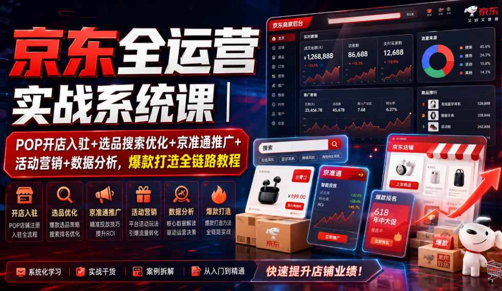 京东全运营实战系统课|POP开店入驻+选品搜索优化+京准通推广+活动营销+数据分析,爆款打造全链路教程-淘金社:轻创终点站