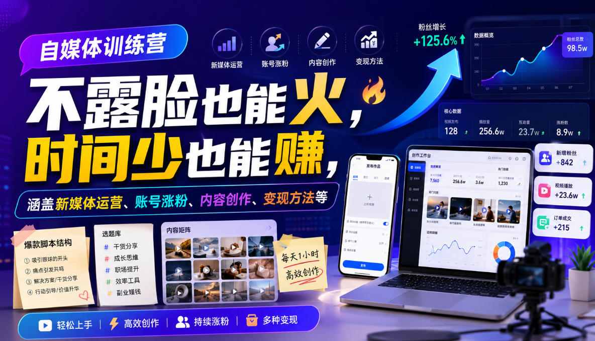 自媒体训练营,不露脸也能火,时间少也能賺,涵盖新媒体运营、账号涨粉、内容创作、变现方法等-淘金社:轻创终点站