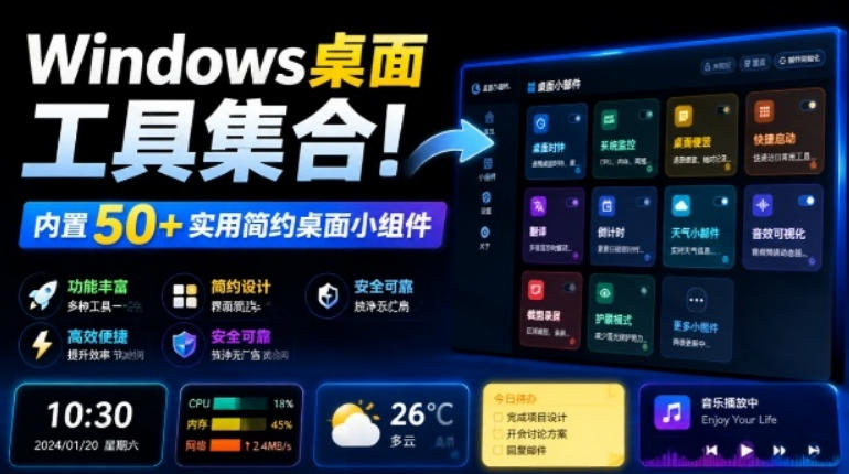 Windows桌面工具集合!内置50+实用简约桌面小组件,含截图、录屏、翻译、天气等,多秘工具箱-淘金社:轻创终点站