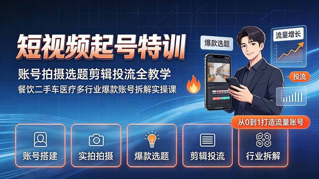 短视频起号特训｜账号拍摄选题剪辑投流全教学，餐饮二手车医疗多行业爆款账号拆解实操课-淘金社:轻创终点站