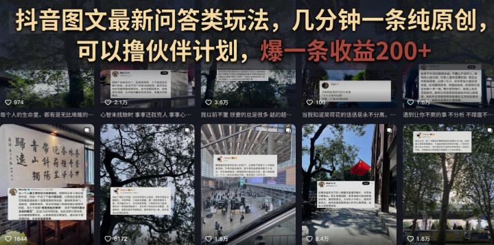 抖音图文最新问答类玩法，几分钟一条纯原创，可以撸伙伴计划，爆一条收益200+-淘金社:轻创终点站