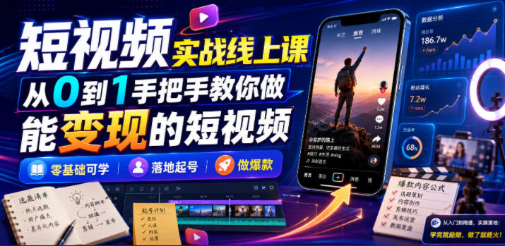 短视频实战线上课，从0到1手把手教你做能变现的短视频，零基础可学，落地起号做爆款-淘金社:轻创终点站