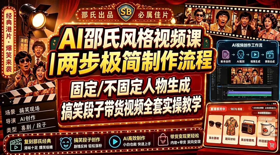 AI邵氏风格视频课｜两步极简制作流程，固定/不固定人物生成，搞笑段子带货视频全套实操教学-淘金社:轻创终点站