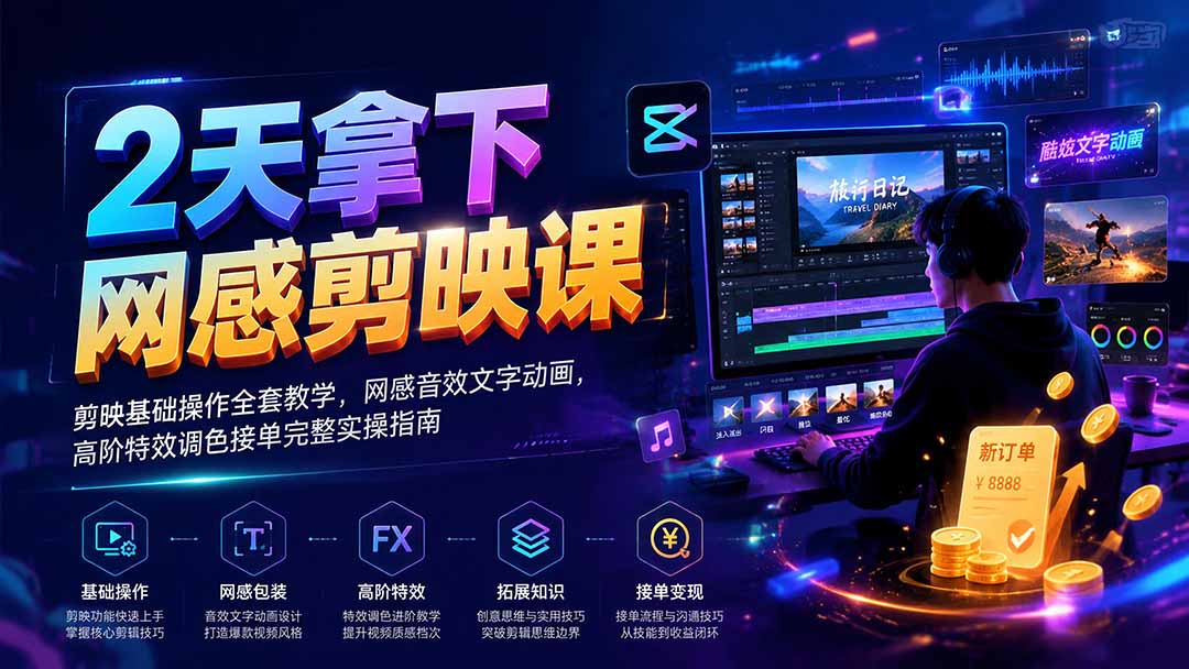 2天拿下网感剪辑课｜剪映基础操作全套教学，网感音效文字动画，高阶特效调色接单完整实操指南-淘金社:轻创终点站