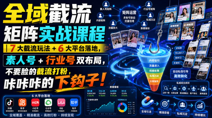 全域截流矩阵实战课程｜7大截流玩法+6大平台落地，素人号+行业号双布局，不要脸的截流打粉，咔咔咔的下钩子！-淘金社:轻创终点站