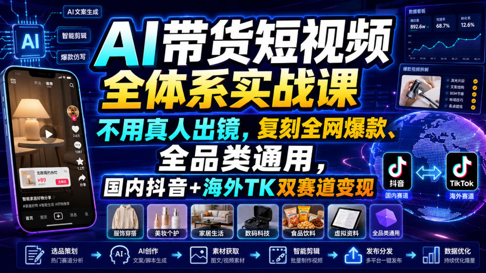 AI带货短视频全体系实战课，不用真人出镜，复刻全网爆款、全品类通用，国内抖音+海外TK双赛道变现-淘金社:轻创终点站